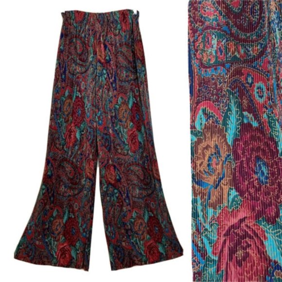 Vintage Y2K Express Wide Leg Micro Pleated Paisley Floral Pants XS - Picture 1 of 9